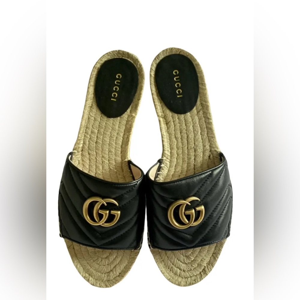 Gucci Black and Gold Espadrille Slides AUTHENTIC!
